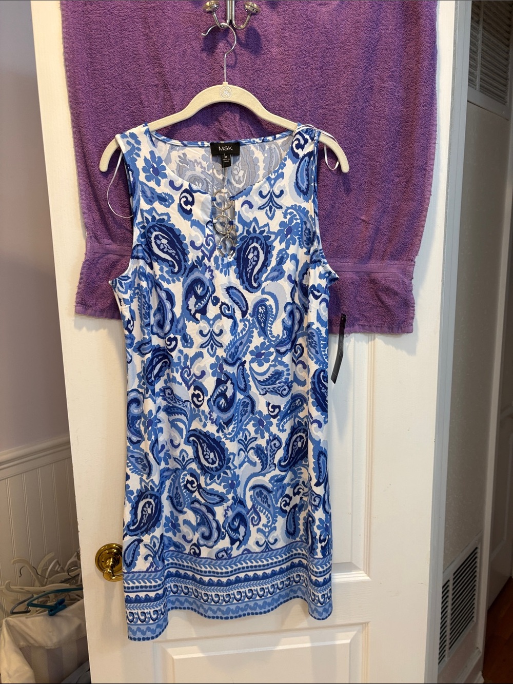 NWT MSK White and Blue Paisley Sleeveless Tunic Dress - Picture 1 of 7